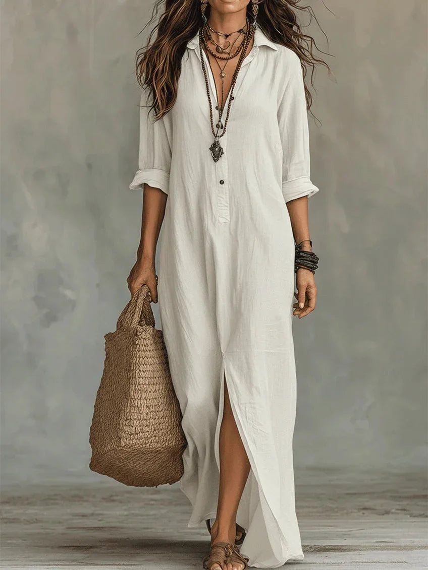 Women's boho relaxed shirt maxi dress with button-front long-sleeve and side slit – White