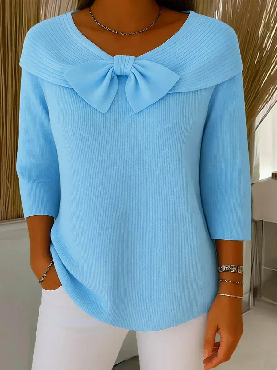 Women's bow-detail ribbed knit sweater with V-neck and 3/4 sleeve – Light Blue