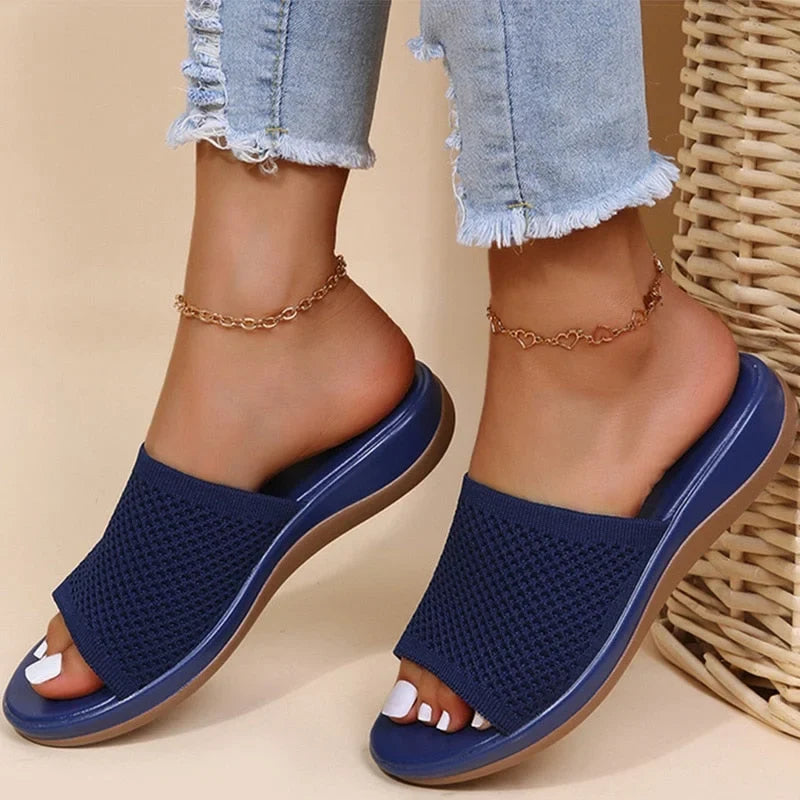 Women's breathable knit open-toe summer slides with wide strap – Blue