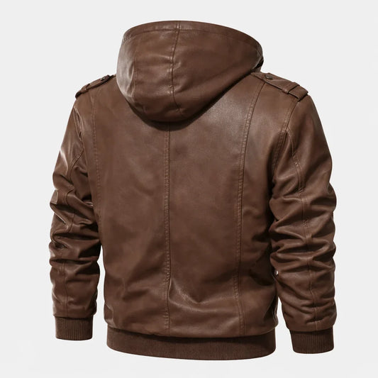 Women's hooded leather-look bomber jacket with zip closure – Brown