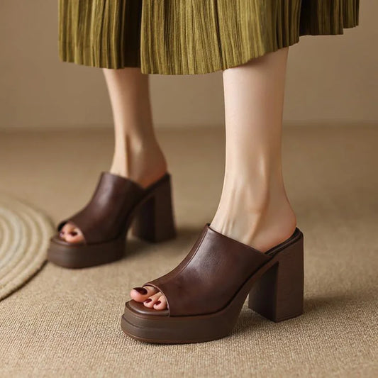 Women's leather platform mule sandals with peep-toe block-heel