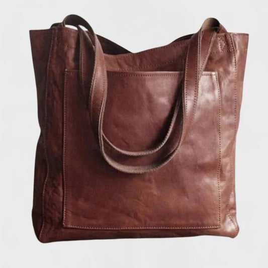 Women's leather tote bag with front patch pocket and double shoulder straps