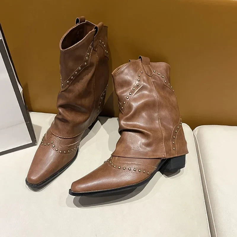 Women's studded western mid-calf boots with pointed-toe and block-heel