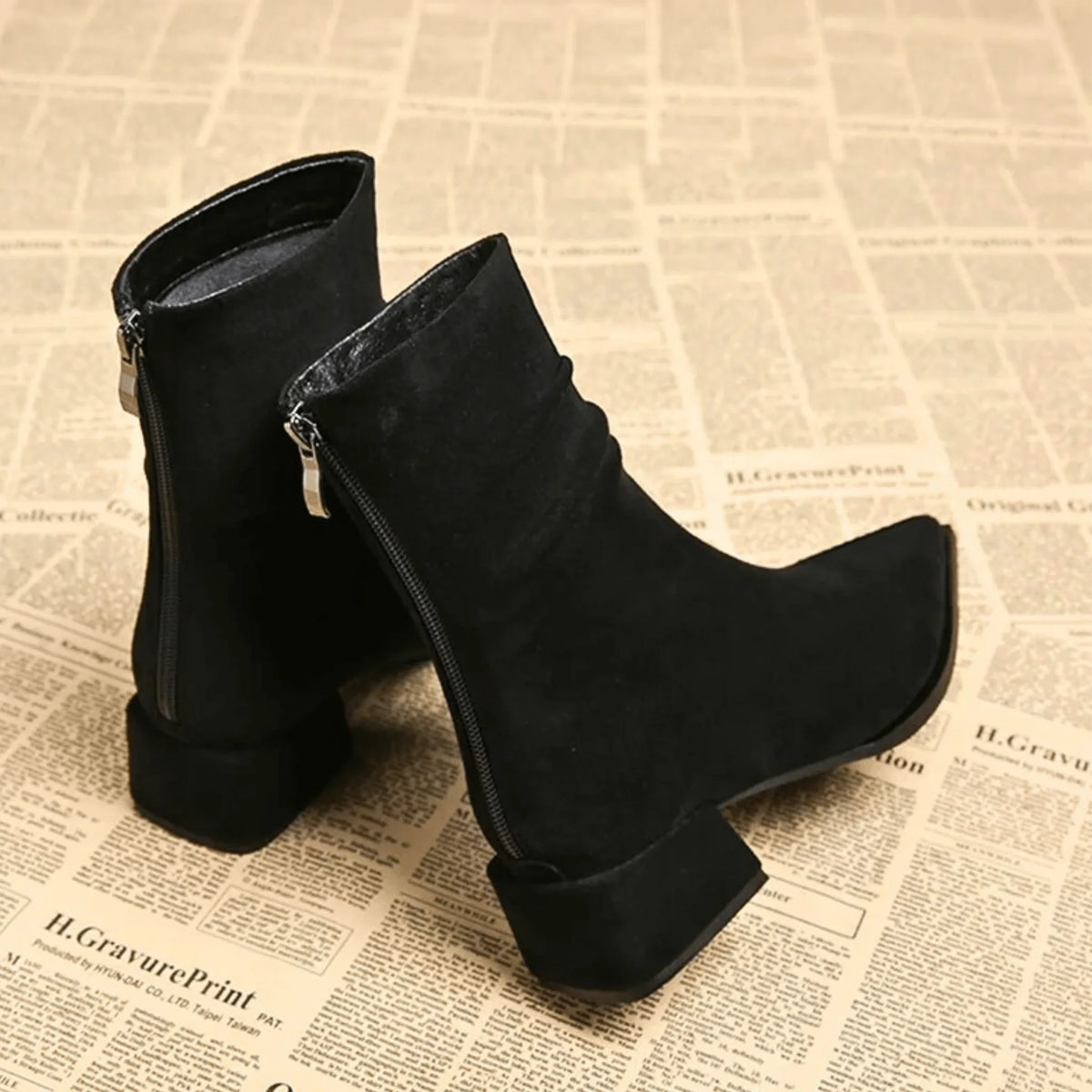 Women's suede slouchy ankle boot with pointed-toe and block-heel