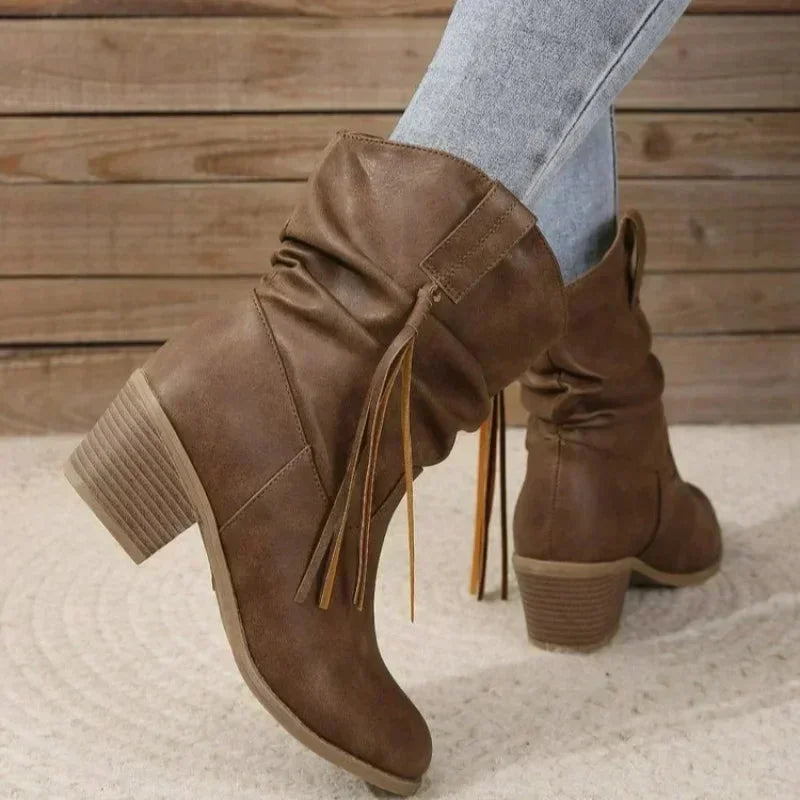 Women's western slouchy boots with braided tassels and stacked heel