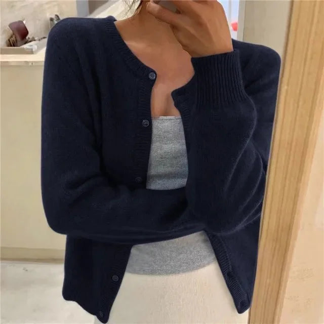 Women's button front cardigan cropped relaxed fit – Navy Blue