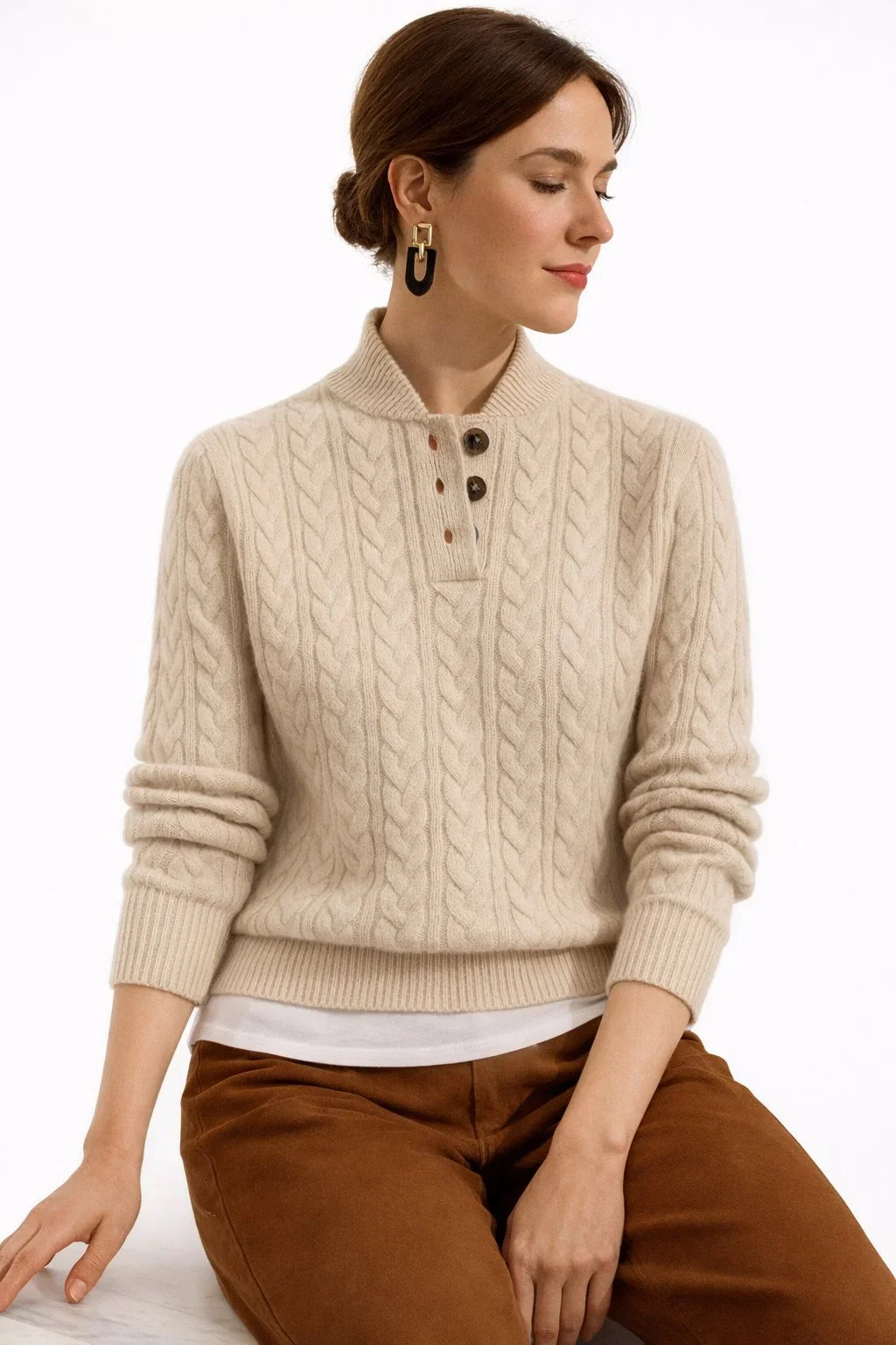 Women's cable knit button-neck wool blend pullover sweater – Khaki