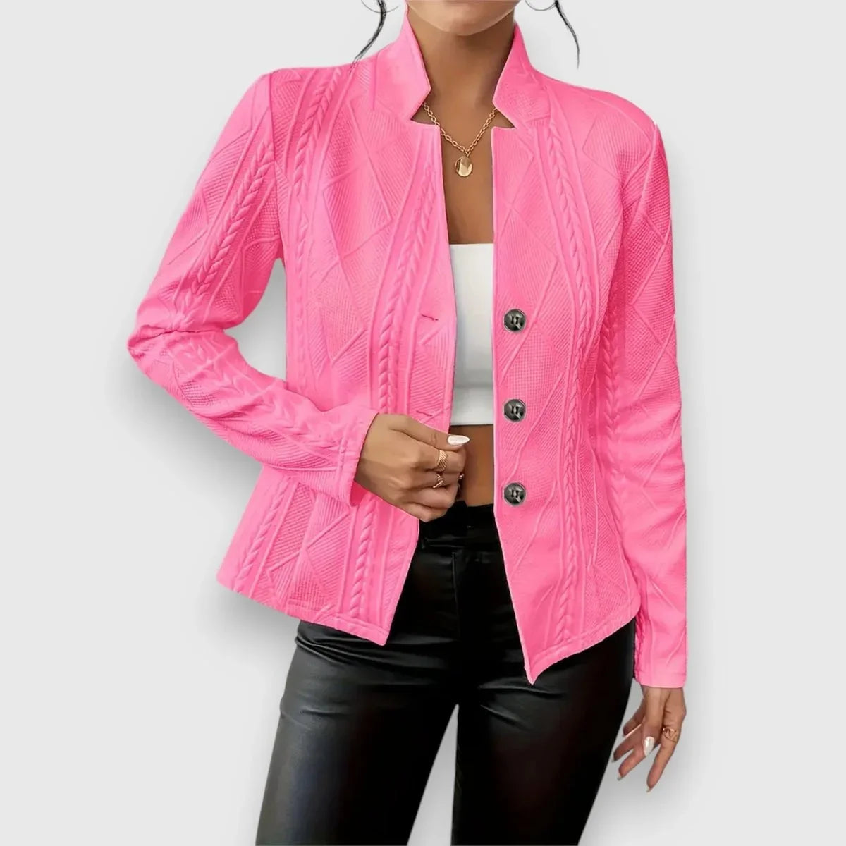 Women's cable-knit mock-neck long-sleeve fitted sweater – Pink