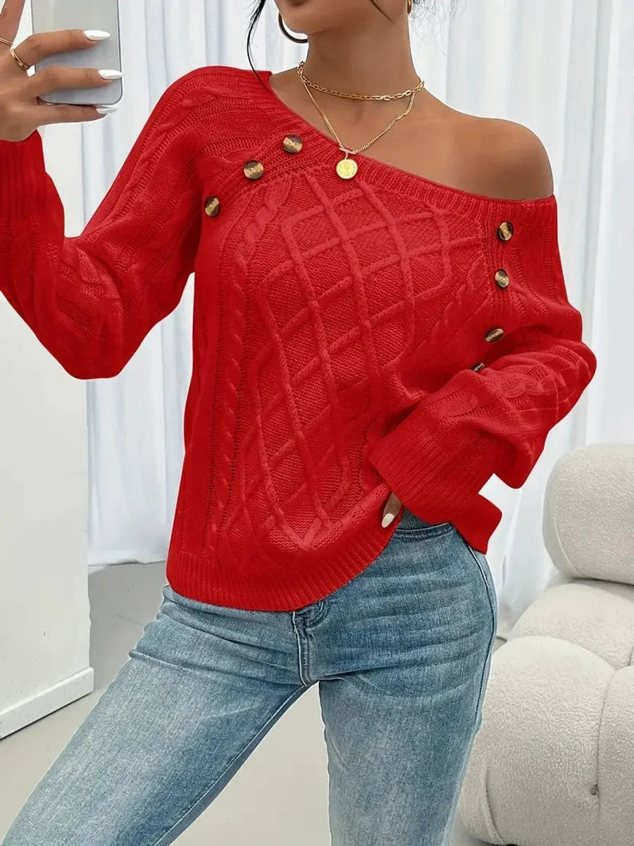 Women's cable knit sweater raglan-sleeve button-detail pullover