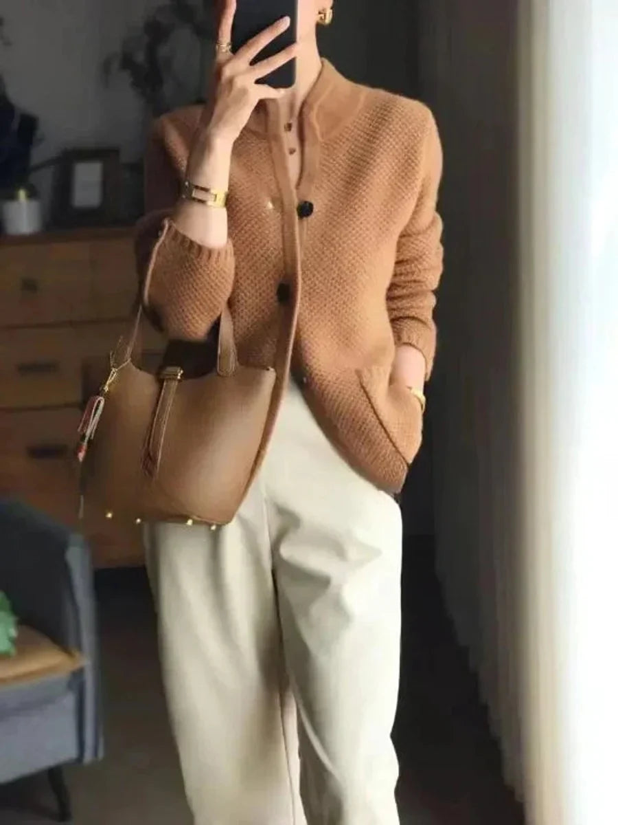 Women's cashmere wool button-front knit cardigan – Brown
