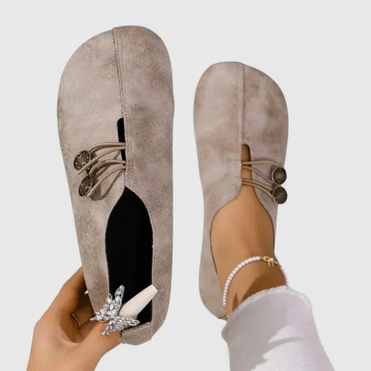 Women's casual distressed slip-on loafers with button-loop detail – Light Brown