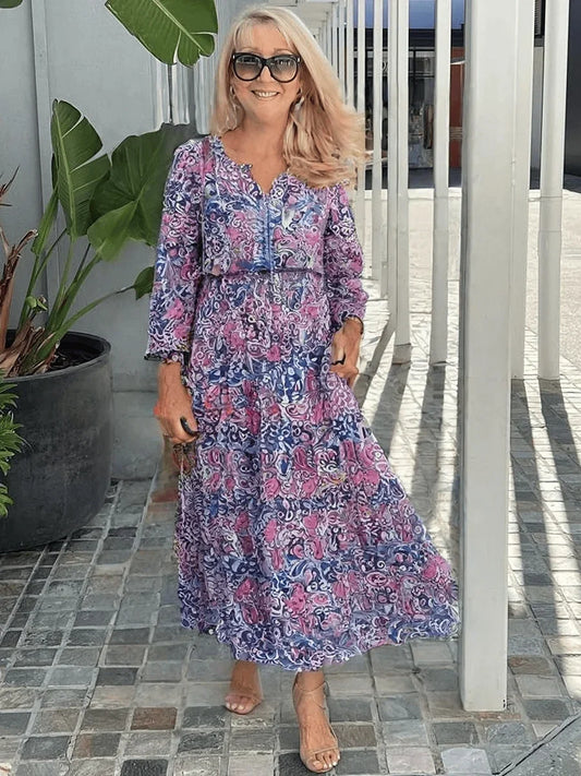 Women's casual floral boho maxi dress with V-neck and 3/4 sleeves