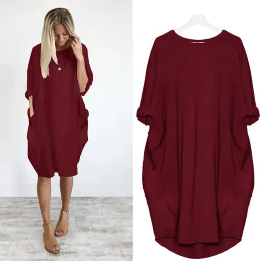 Women's casual oversized midi dress with 3/4 sleeve and patch pockets – Dark Red