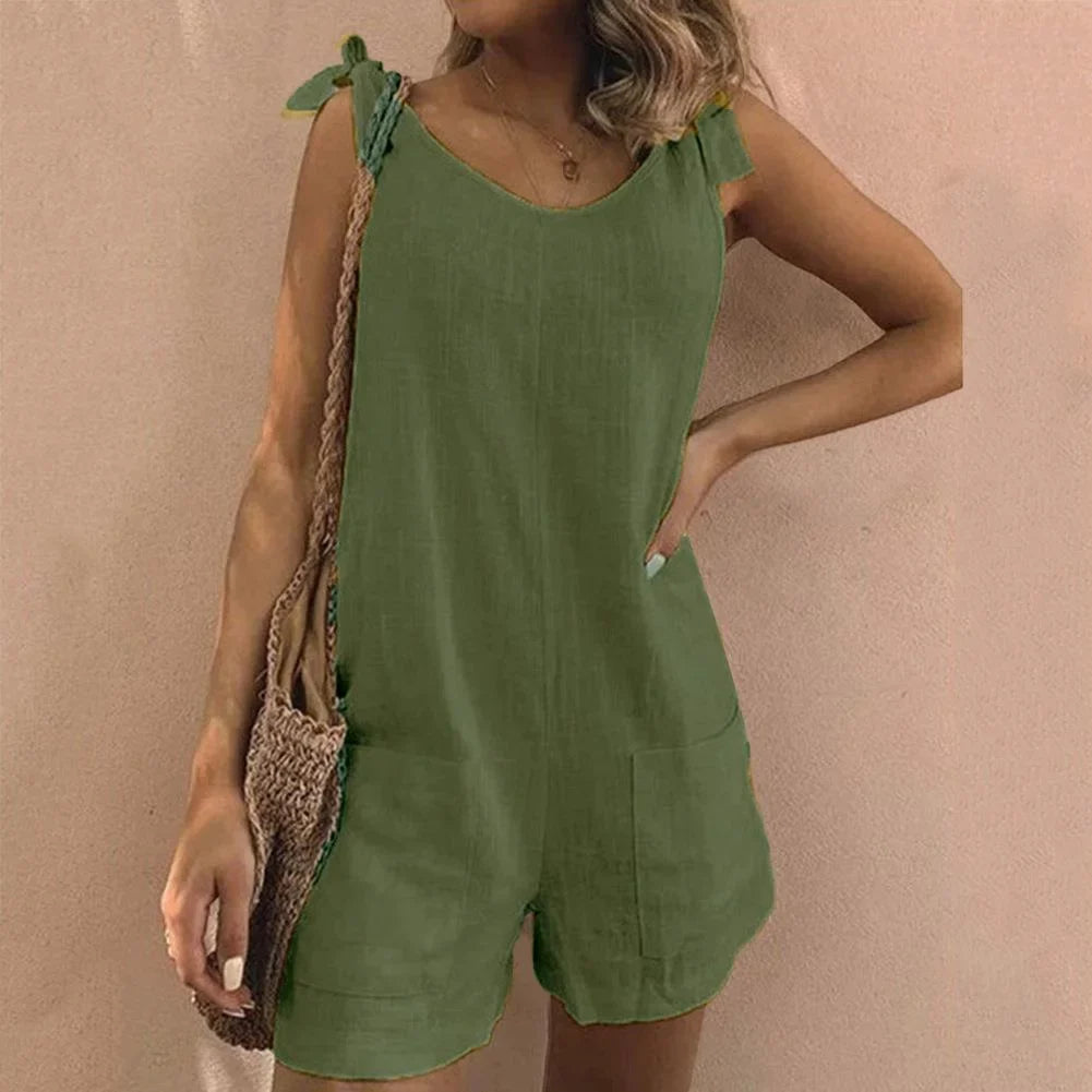 Women's casual short jumpsuit women with bow-tie straps and patch pockets – Green