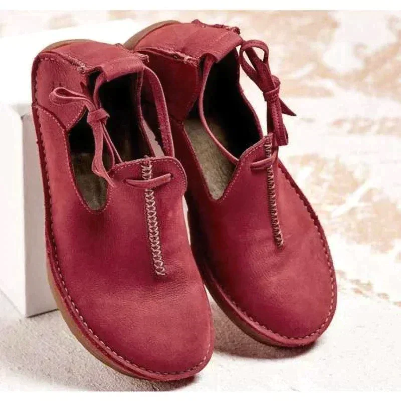 Women's casual suede lace-up flat shoes with decorative stitching – Red