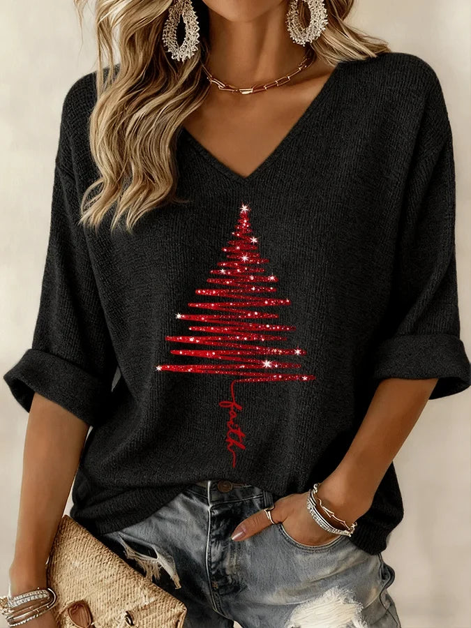 Women's Christmas knit graphic blouse with V-neck and 3/4 sleeve – Black
