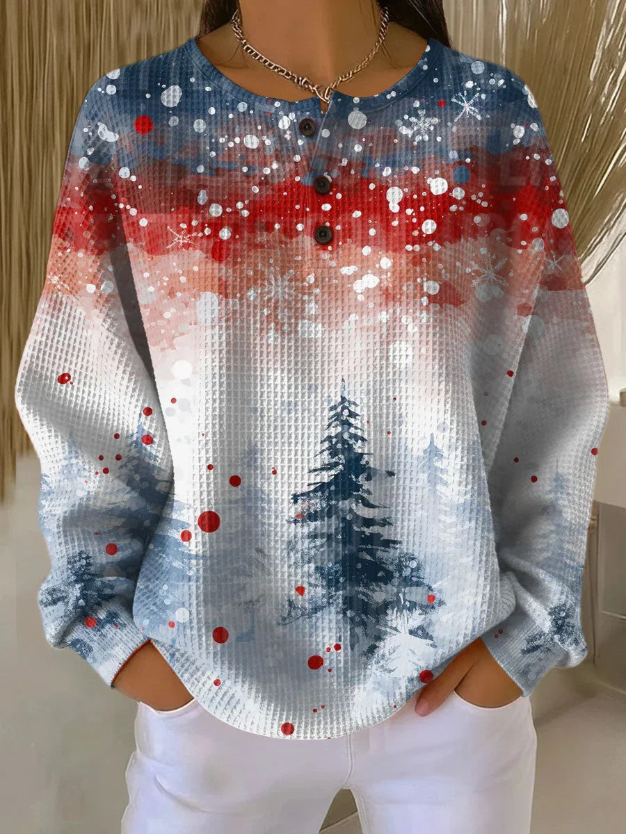 Women's Christmas waffle texture knit sweater with a henley button neckline – Multicolor