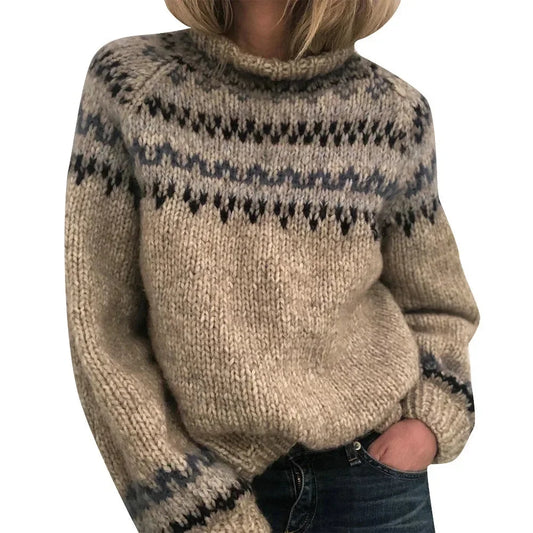 Women's chunky-knit fair-isle patterned jumper with turtleneck and long sleeves – Grey