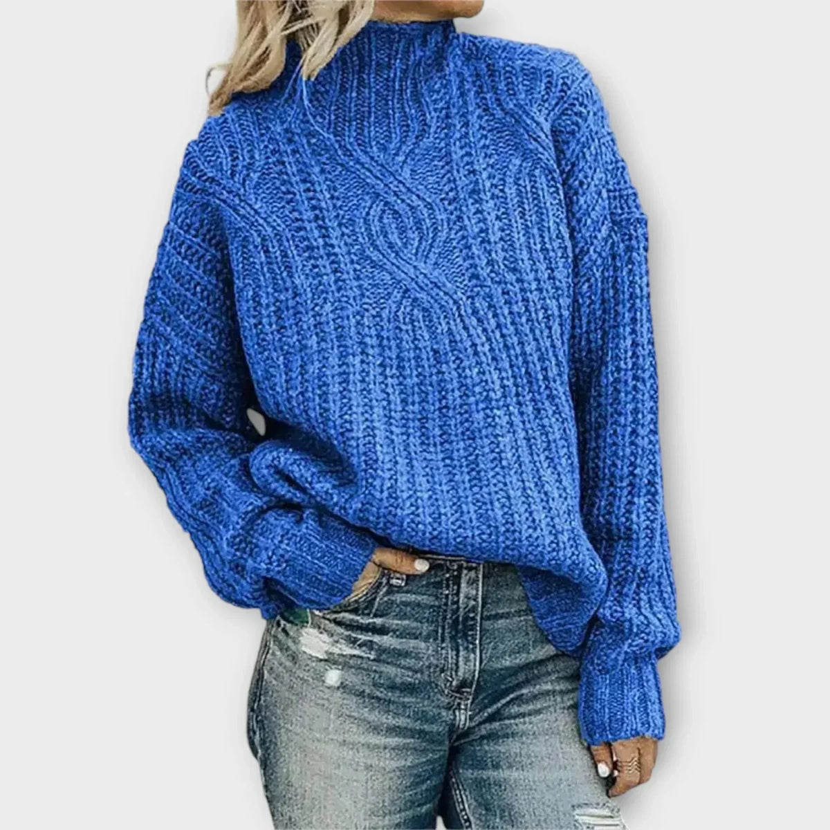 Women's chunky knit sweater with cable pattern, high-neck, oversized fit – Blue