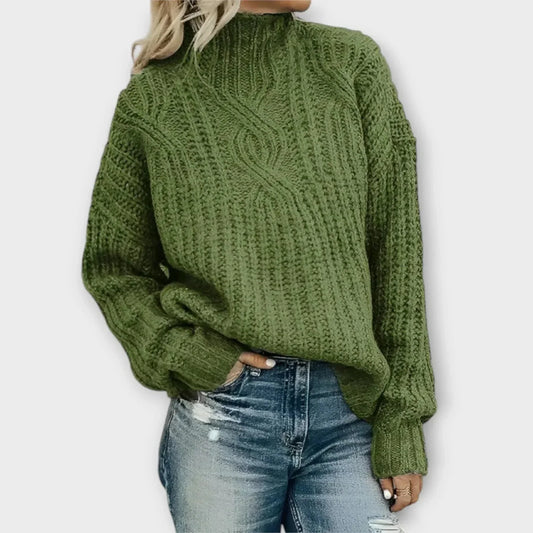 Women's chunky knit sweater with cable pattern, high-neck, oversized fit – Green