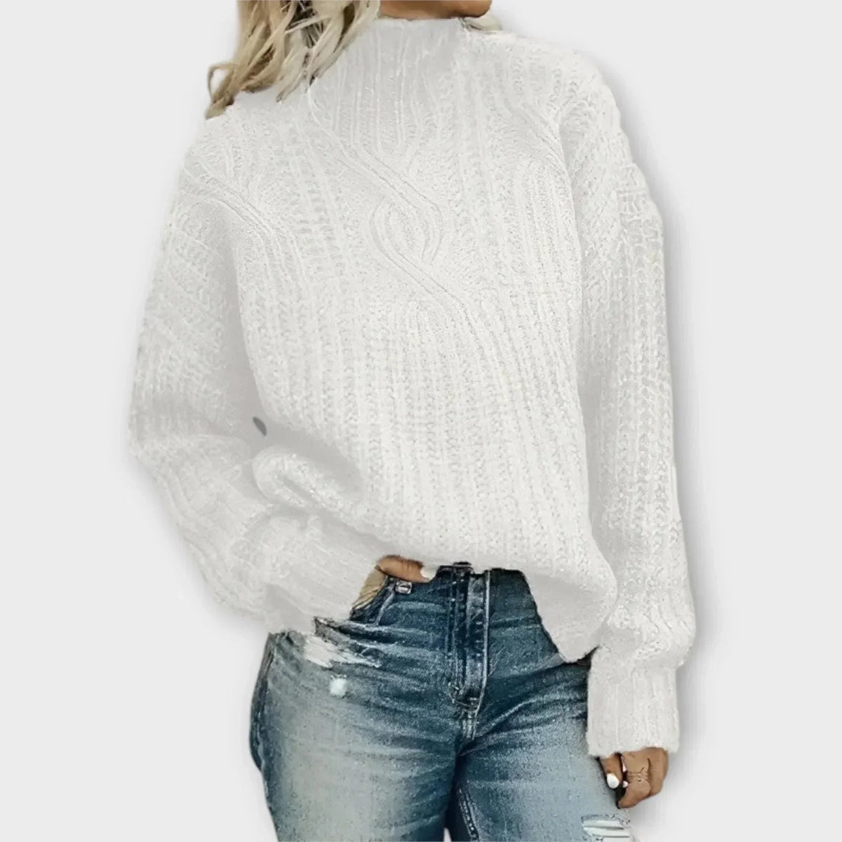 Women's chunky knit sweater with cable pattern, high-neck, oversized fit – White