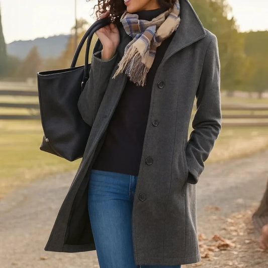 Women's classic mid-length single-breasted wool-blend coat – Gray