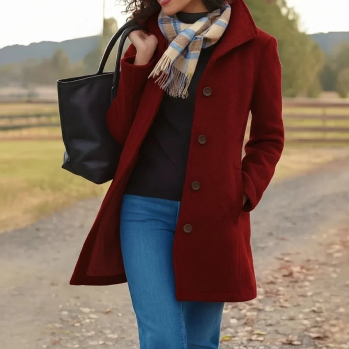 Women's classic mid-length single-breasted wool-blend coat – Red