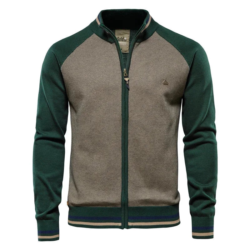 Women's color-block knit raglan-sleeve sweater with full-zip stand-collar – Green