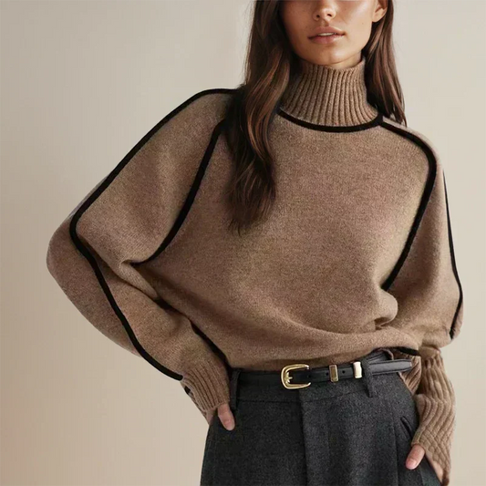 Women's contrast-trim turtleneck knit sweater with dropped shoulders