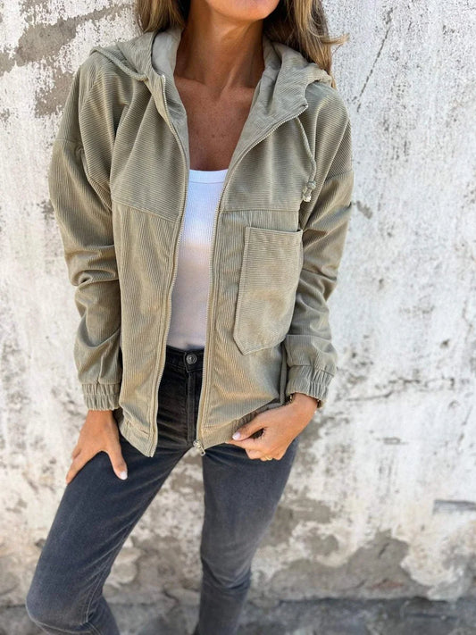 Women's corduroy hooded zip-up quilted jacket oversized fit – Green