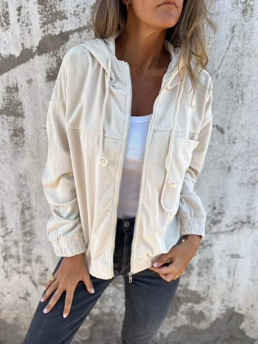 Women's corduroy hooded zip-up quilted jacket oversized fit – White