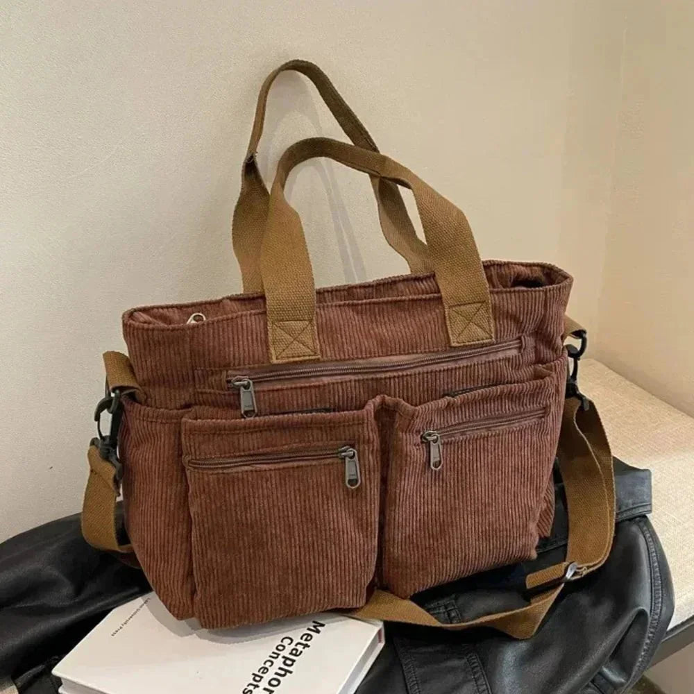 Women's corduroy multi-pocket convertible tote bag – Brown
