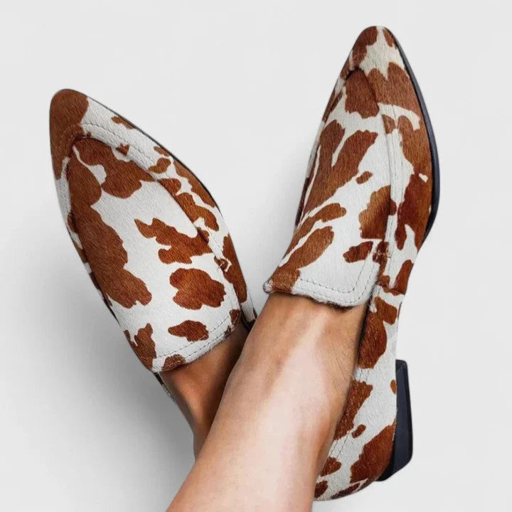 Women's cow print pointed-toe slip-on loafers with low block heel – Brown