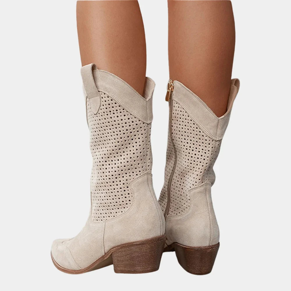 Women's cowboy style perforated mid-calf boots with pointed toe and block heel