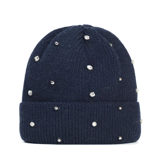 Women's cozy knit beanie with fold-over cuff and rhinestone embellishments