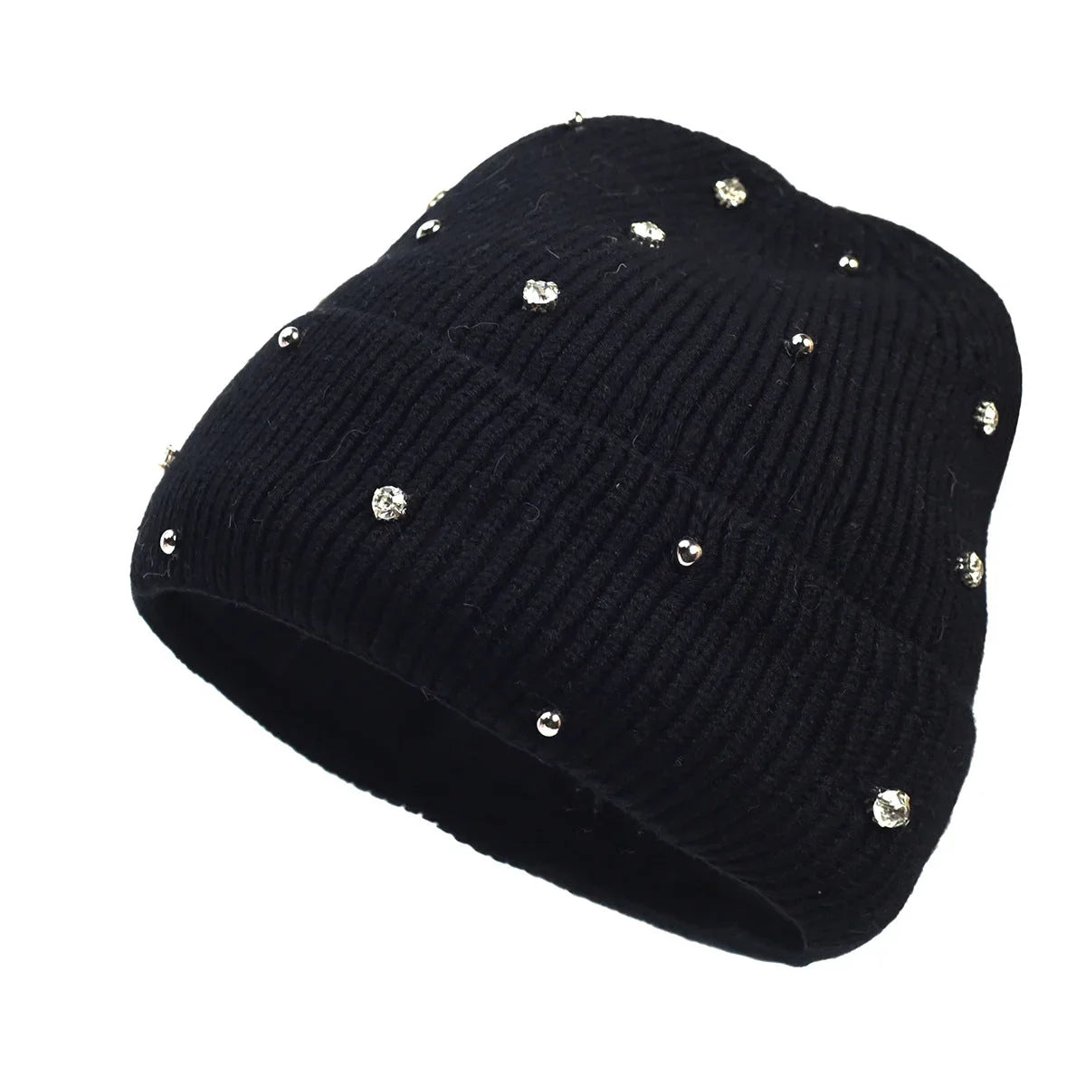 Women's cozy knit beanie with fold-over cuff and rhinestone embellishments – Black