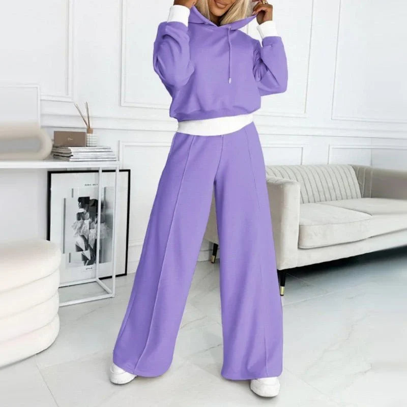 Women's cozy knit matching set with drawstring hoodie and wide-leg pants – Purple