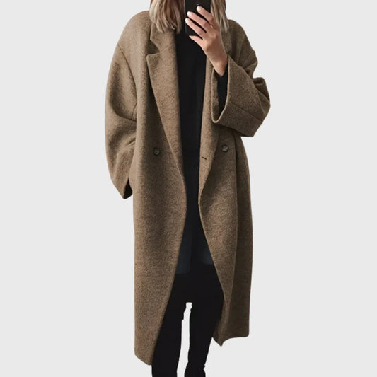 Women's cozy longline oversized wool-blend coat with double-breasted closure – Brown