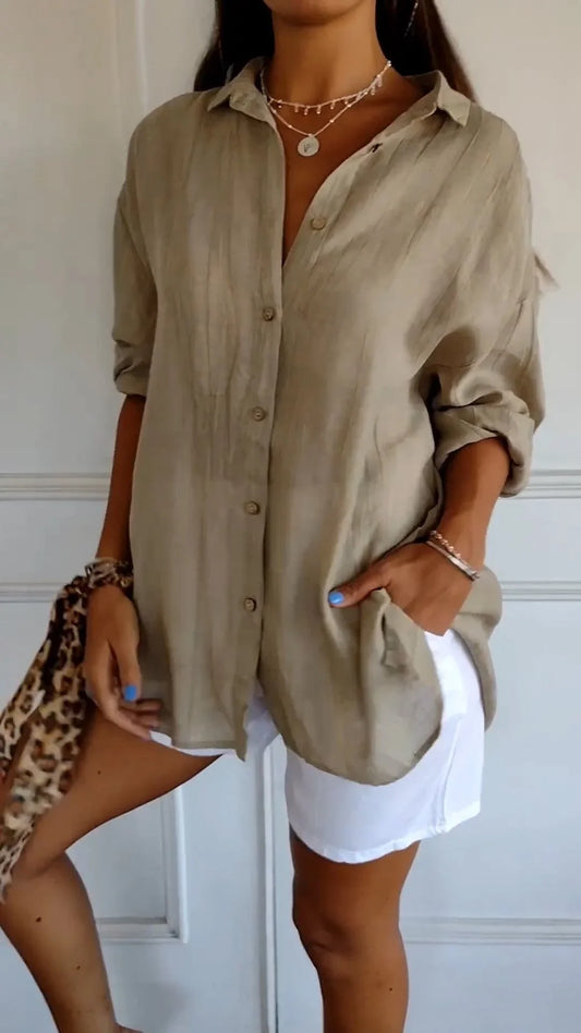 Women's crinkled casual oversized button-down shirt with long sleeves – Brown