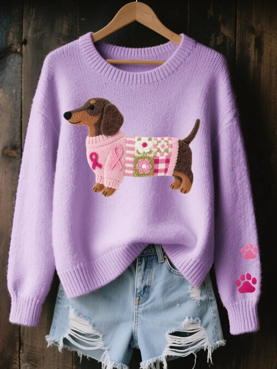 Women's dachshund patchwork crewneck knit sweater – Purple