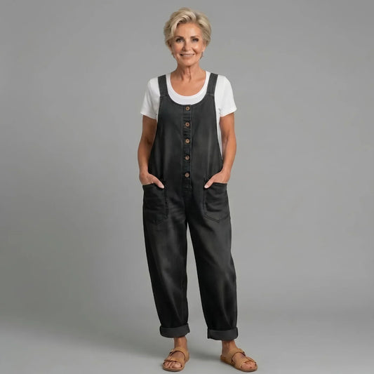 Women's denim bib overalls with womens wide leg pants and button-front closure – Black