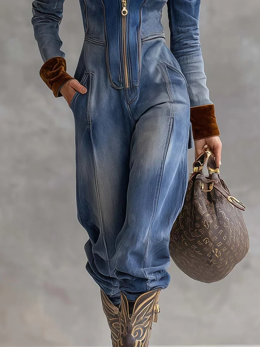 Women's denim hooded long-sleeve jumpsuit women with contrast cuffs and zip front – Blue