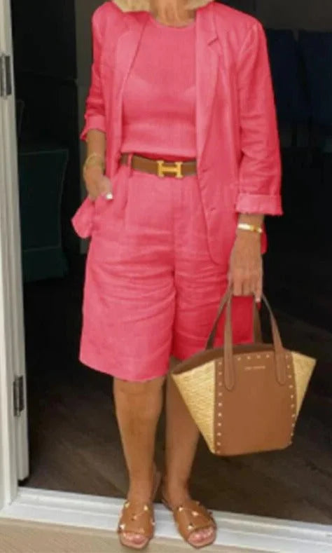 Women's denim jacket style two-piece set with 3/4 sleeve blazer and shorts – Pink