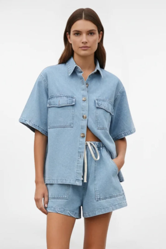 Women's denim short-sleeve collared set with drawstring shorts – Light Blue