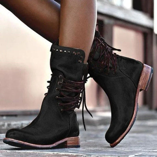 Women's distressed faux leather lace-up boots with studded cuff detail – Black