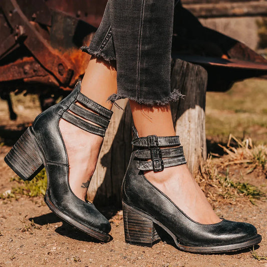 Women's distressed leather block heel sandals with cut-out and triple buckled ankle straps – Black