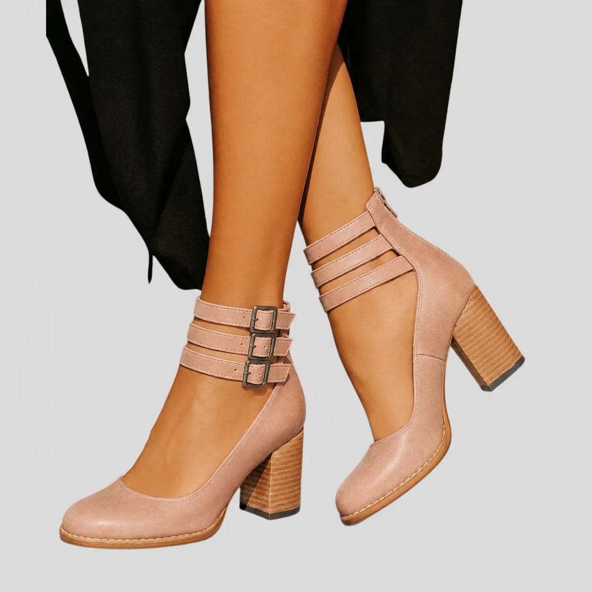Women's distressed leather cut-out boots with triple-buckle ankle straps – Cream