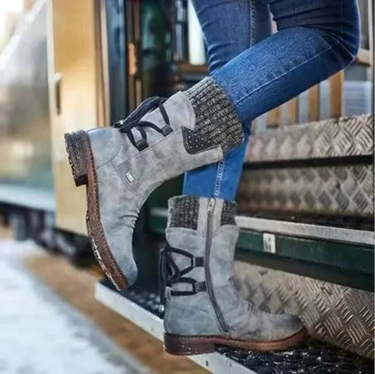 Women's distressed mid-calf boots with side zipper and studded lace-up back – Grey
