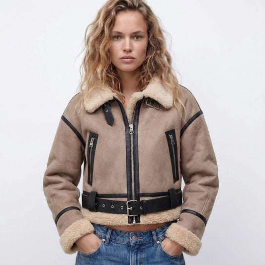 Women's double-sided shearling bomber jacket – Khaki