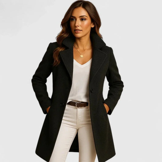 Women's long button-front notch-lapel coat – Black
